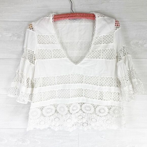 Alexis Lace Netted Silk Blend Bell Sleeve Top - Picture 1 of 5